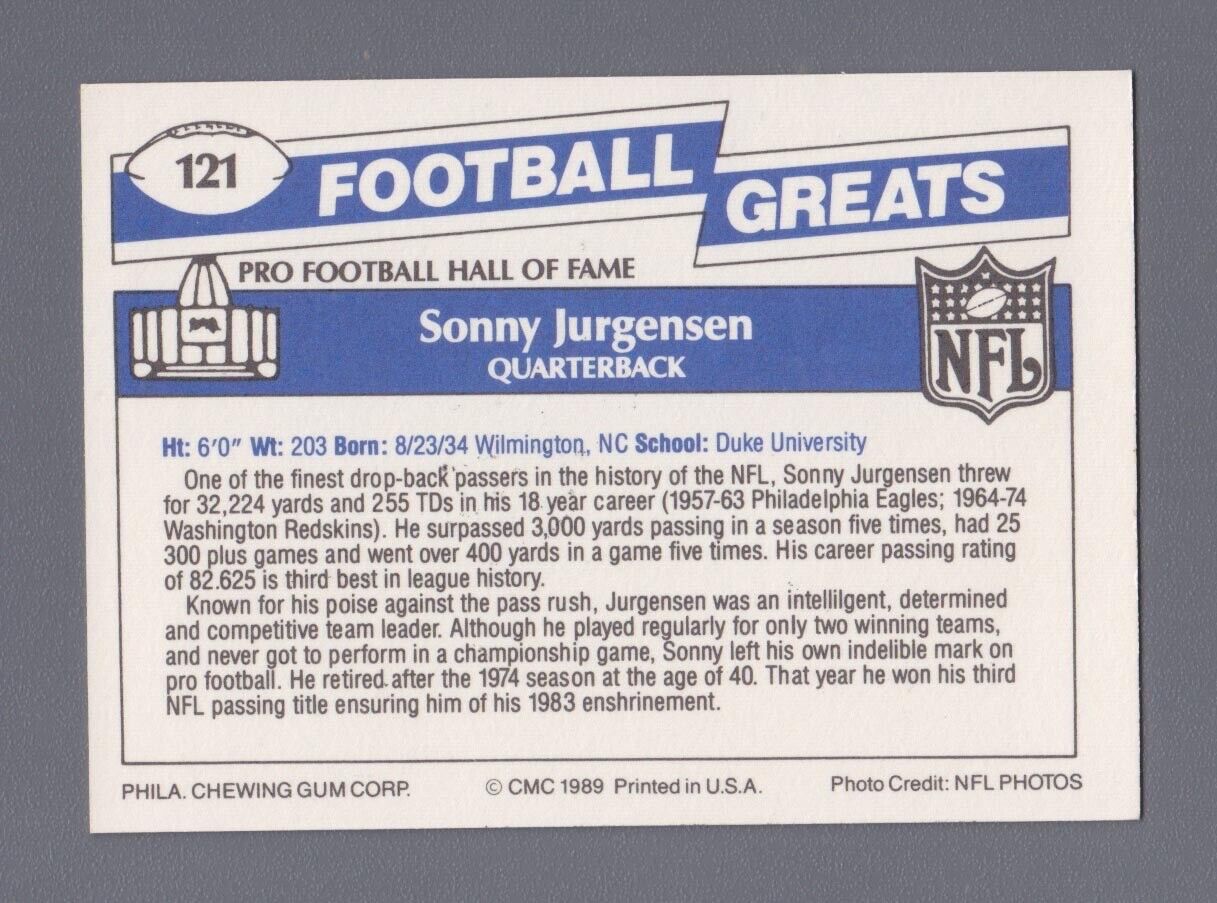 Sonny Jurgensen 1989 Swell Footbal Greats Signed Card #121 with B&E Hologram