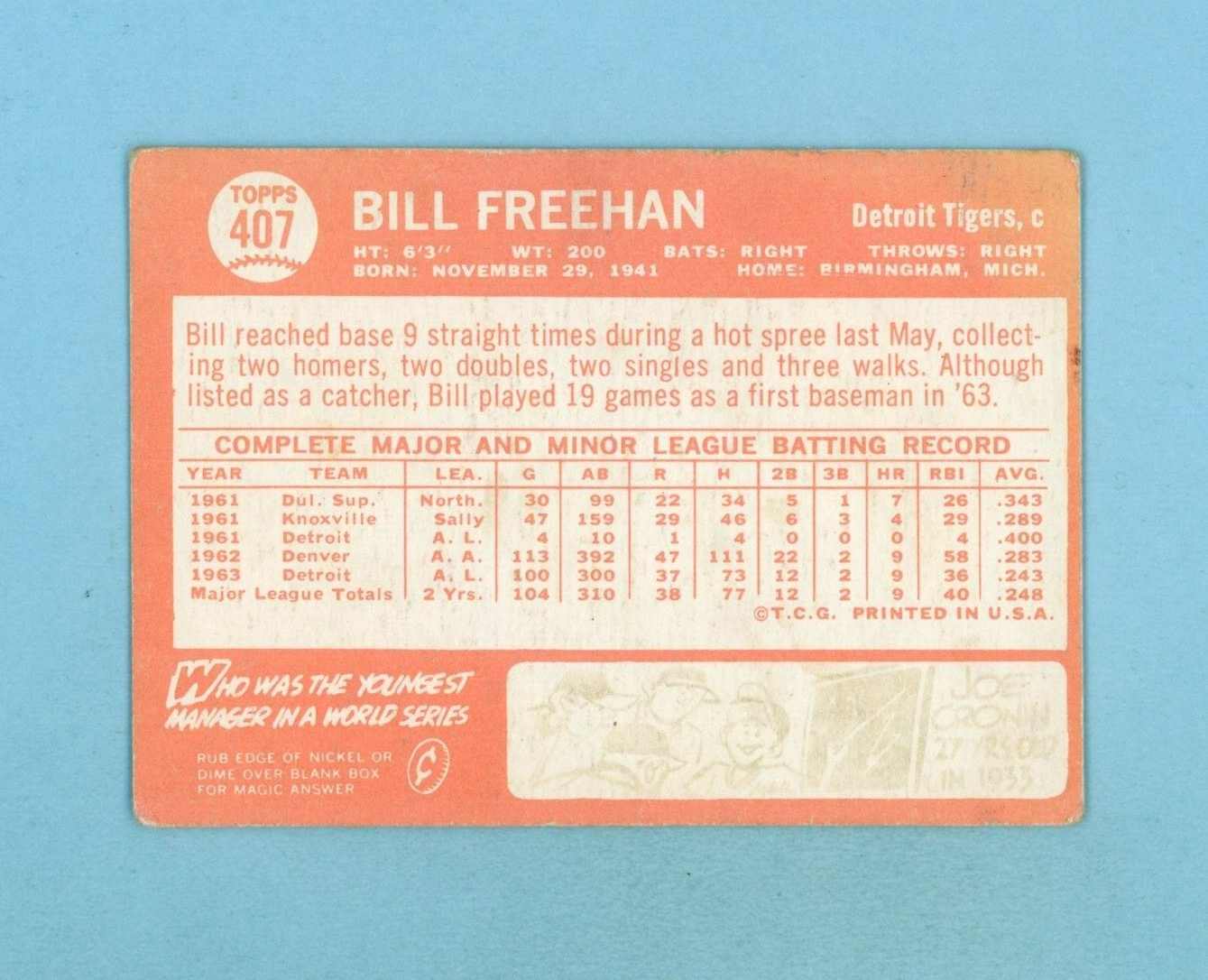 1964 Topps #407 Bill Freehan Detroit Tigers Baseball Card VG wrks