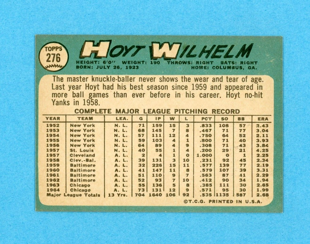 1965 Topps #276 Hoyt Wilhelm Chicago White Sox Baseball Card NM