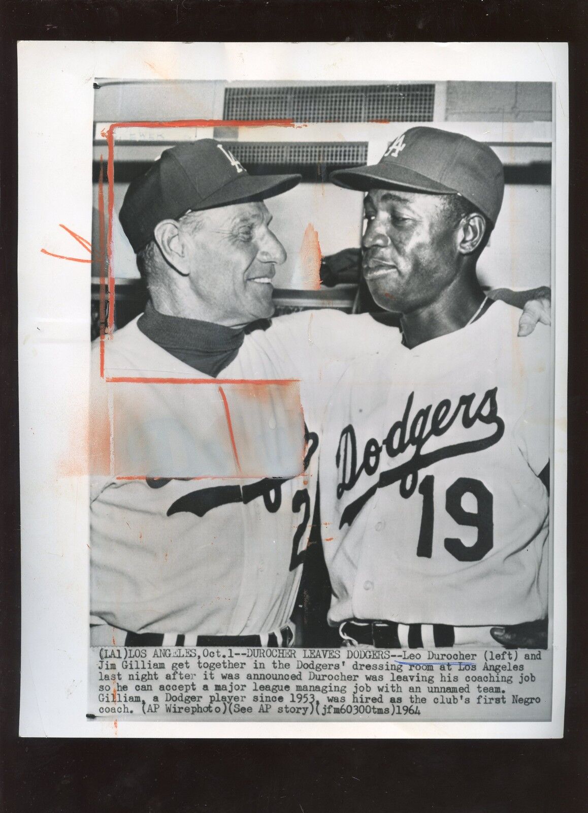 Original Oct 1 1964 Leo Durocher & Jim Gilliam Los Angeles Dodgers Wire Photo