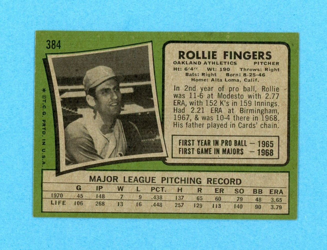 1971 Topps #384 Rollie Fingers Oakland Athletics Baseball Card EX+ - Ex/Mt