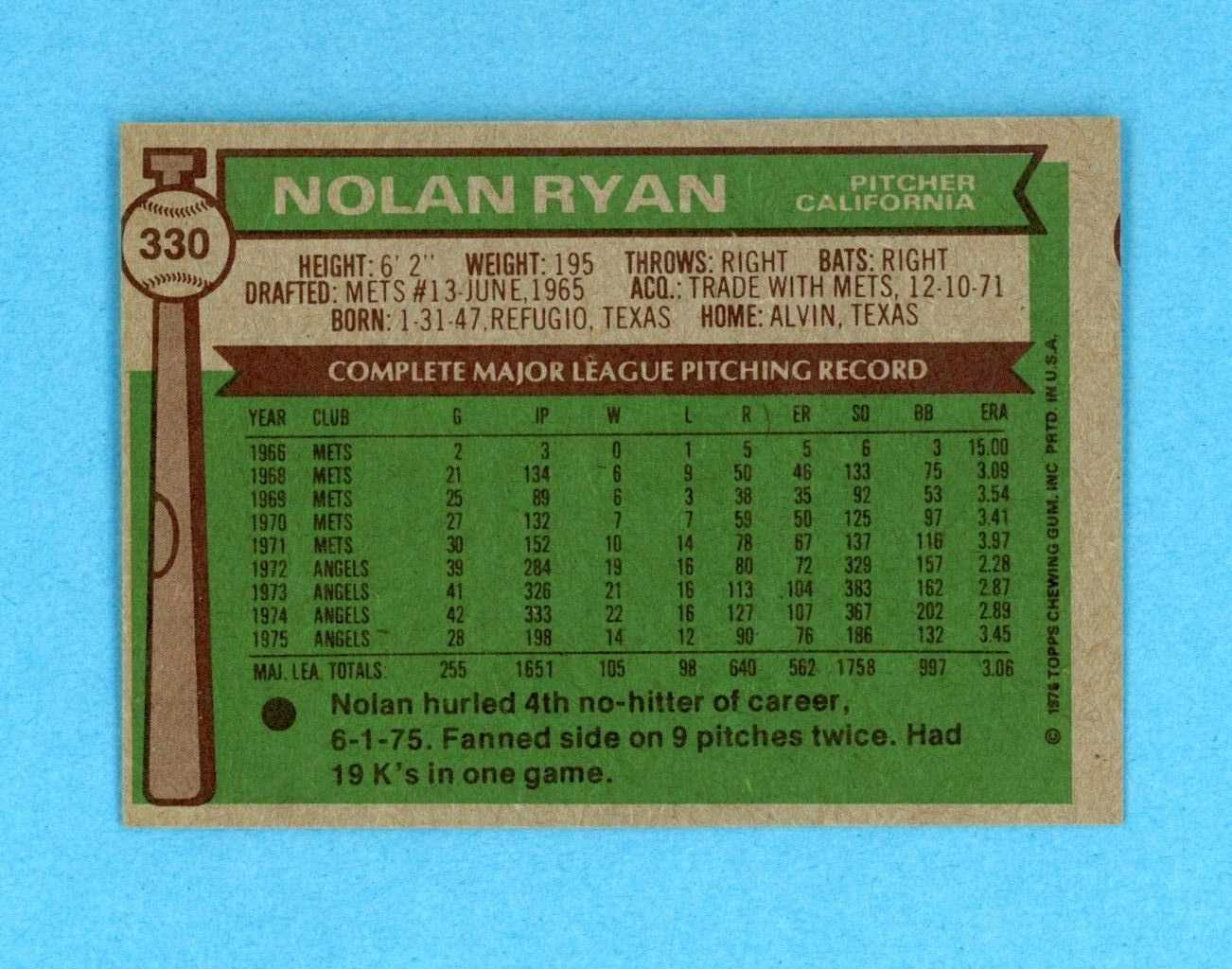 1976 Topps #330 Nolan Ryan California Angels Baseball Card NM o/c dc blc