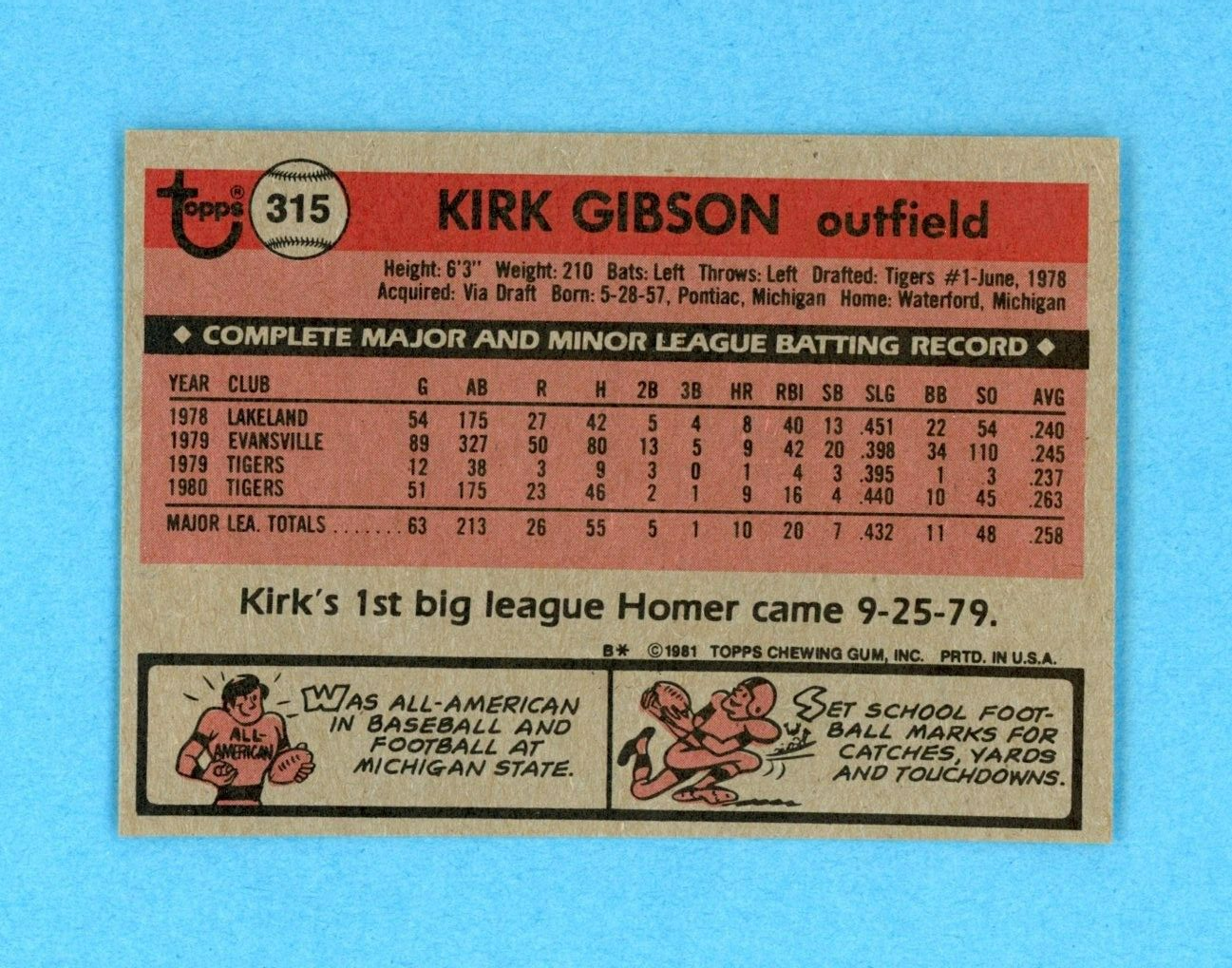 1981 Topps #315 Kirk Gibson Detroit Tigers Rookie Baseball Card NM