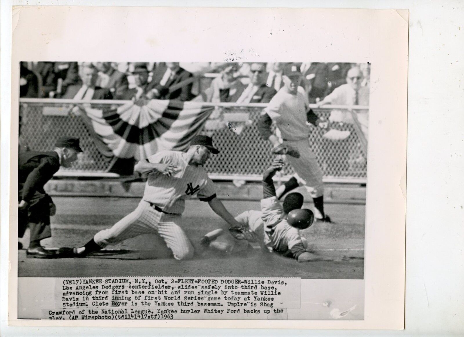 Original October 2 1963 Willie Davis Clete Boyer World Series 8 X 10 Wire Photo