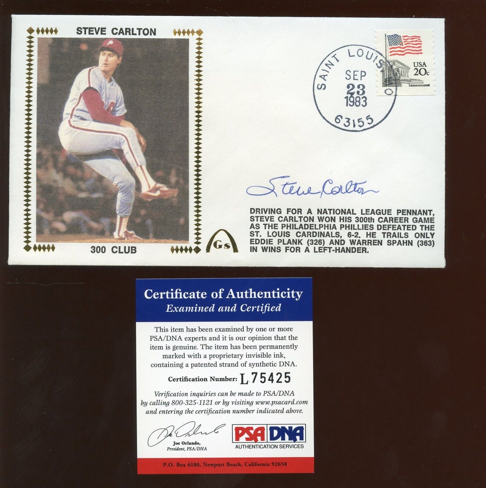 Sept 23 1983 Gateway Envelope / Cachet Autographed Steve Carlton PSA/DNA Cert