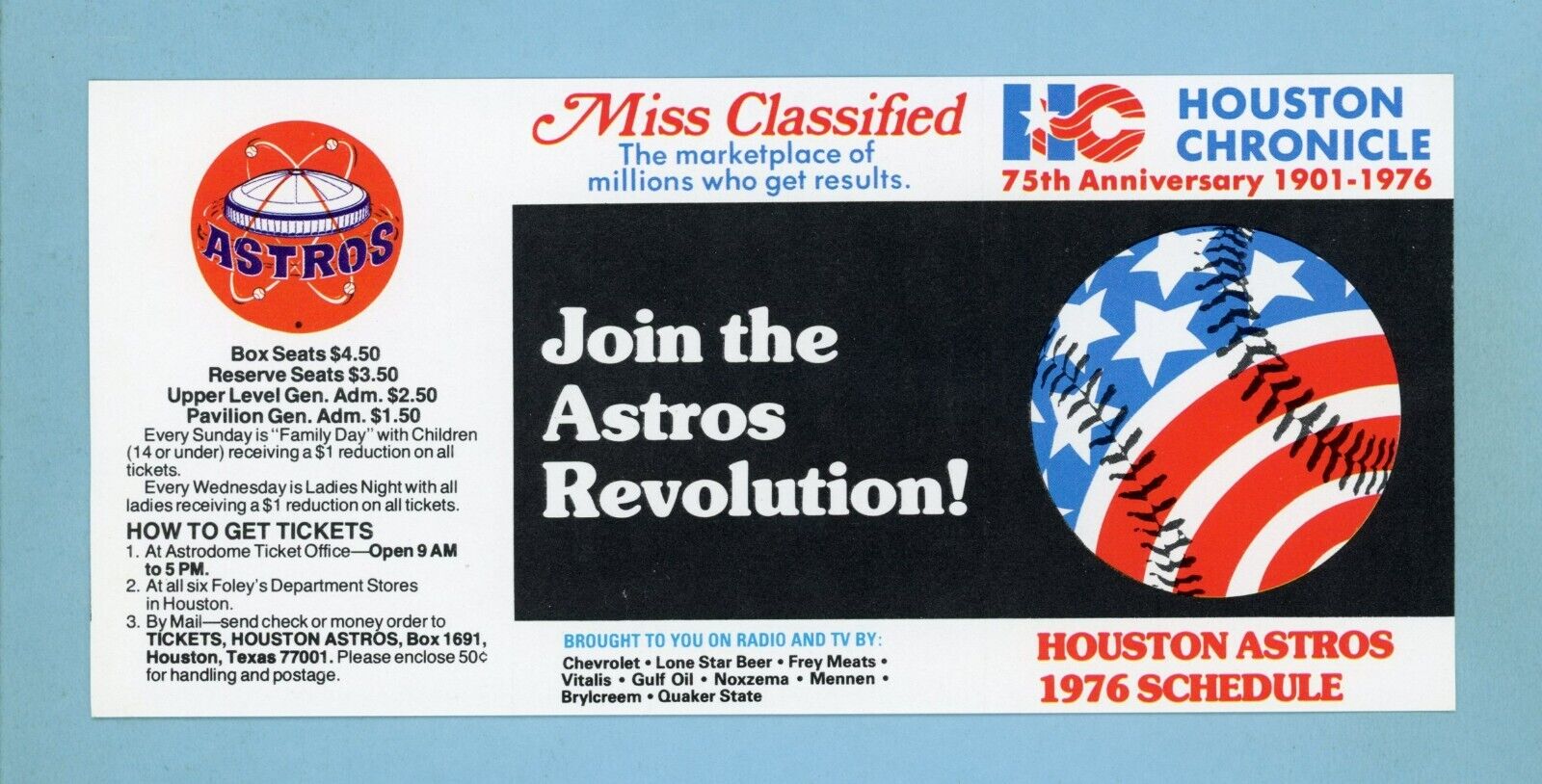 1976 Houston Astros Pocket Schedule Ex/Mt (not folded)