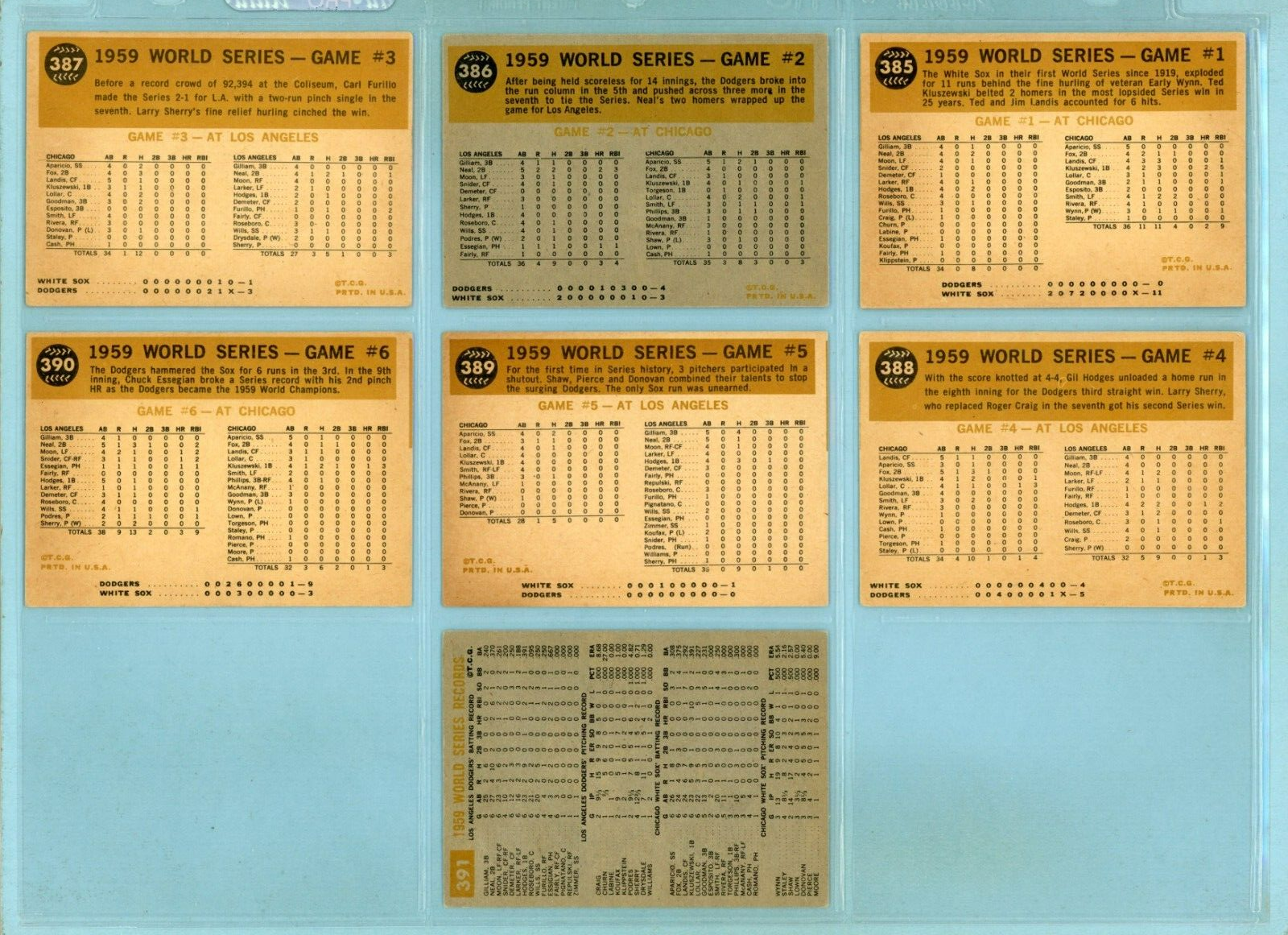 1960 Topps Set of 7 1959 World Series Special Baseball Cards EX