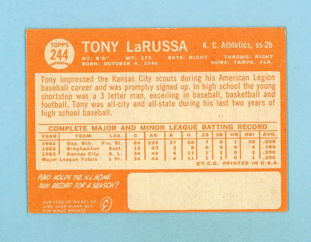 1964 Topps #244 Tony La Russa KC Athletics Rookie Baseball Card EX+ - Ex/Mt o/c