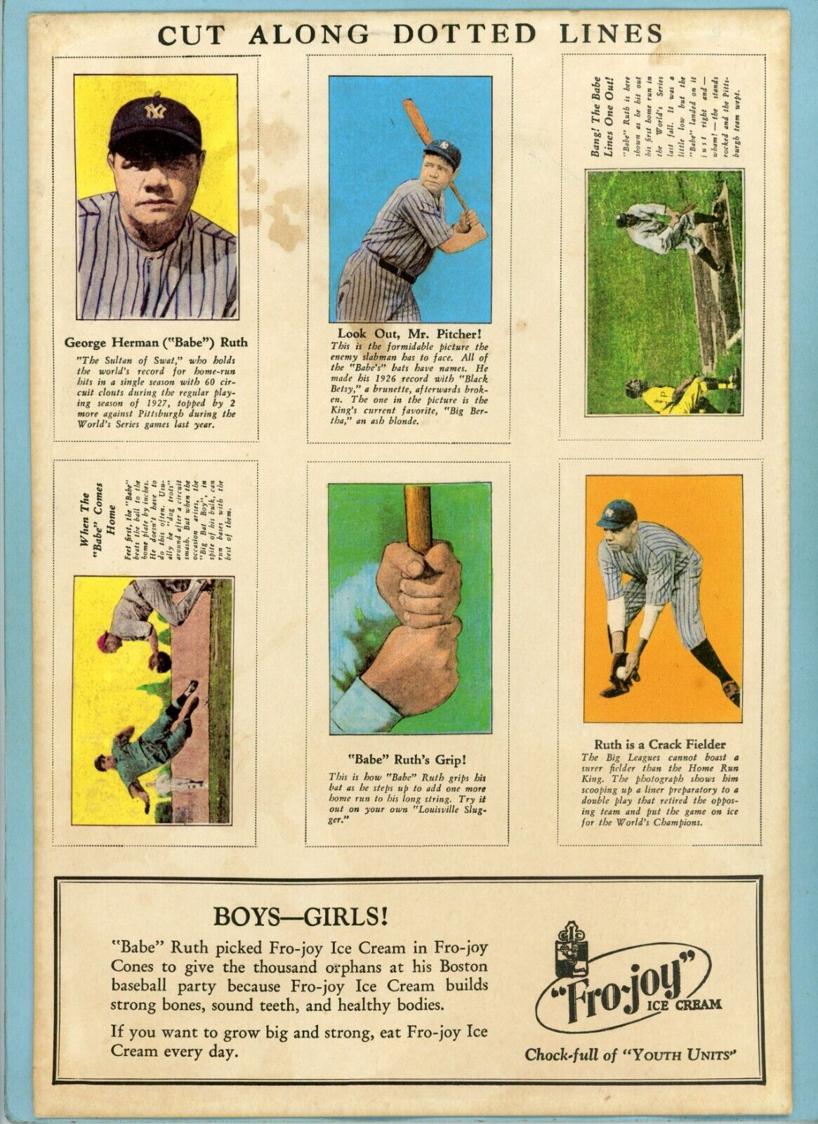 Babe Ruth 1928 Fro-Joy Ice Cream Color Reprint Sheet of 6 Baseball Cards ws