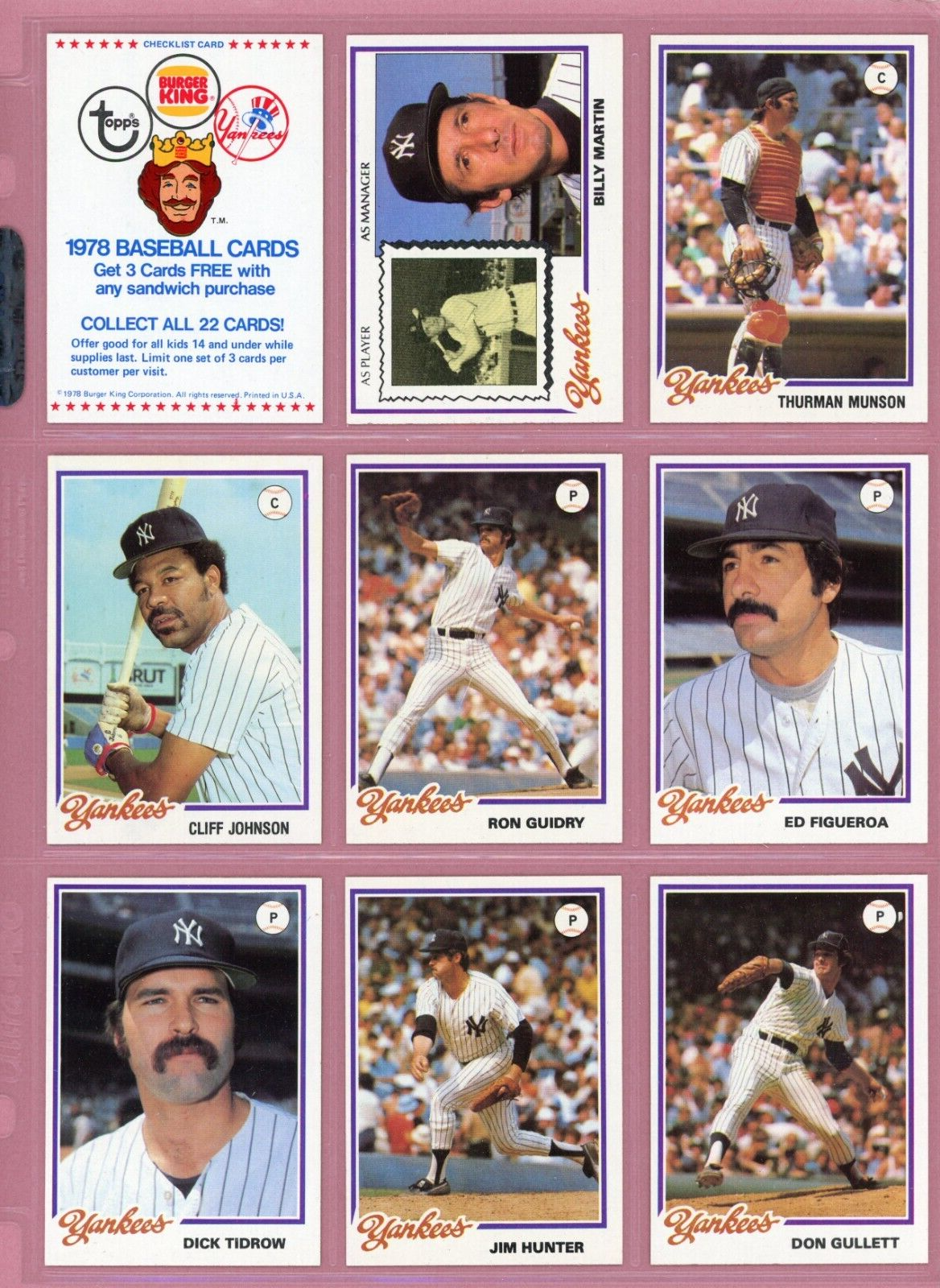 1978 Topps Burger King NY Yankees Complete Set of 23 Baseball Cards Ex/Mt - NM