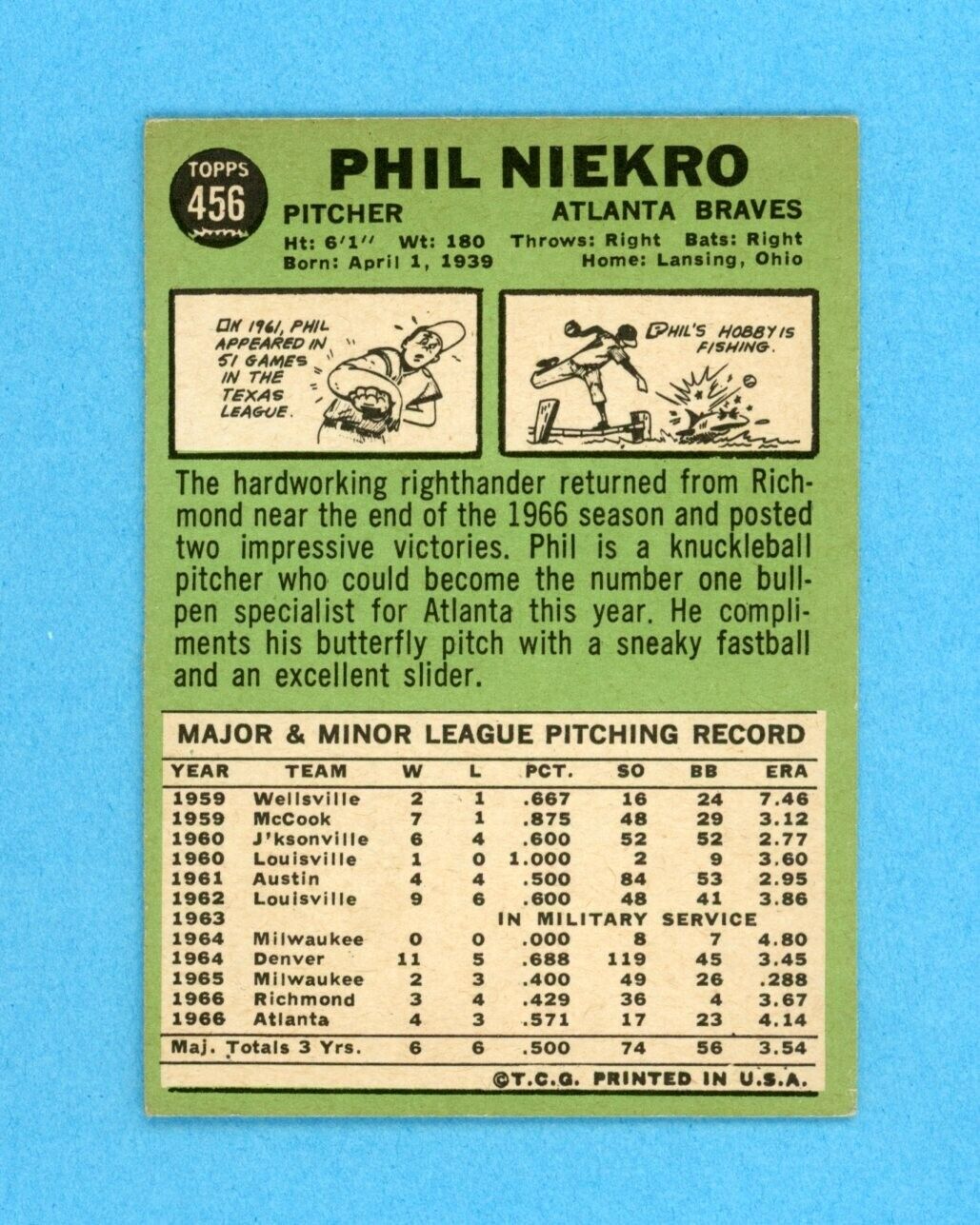 1967 Topps #456 Phil Niekro Atlanta Braves Baseball Card EX