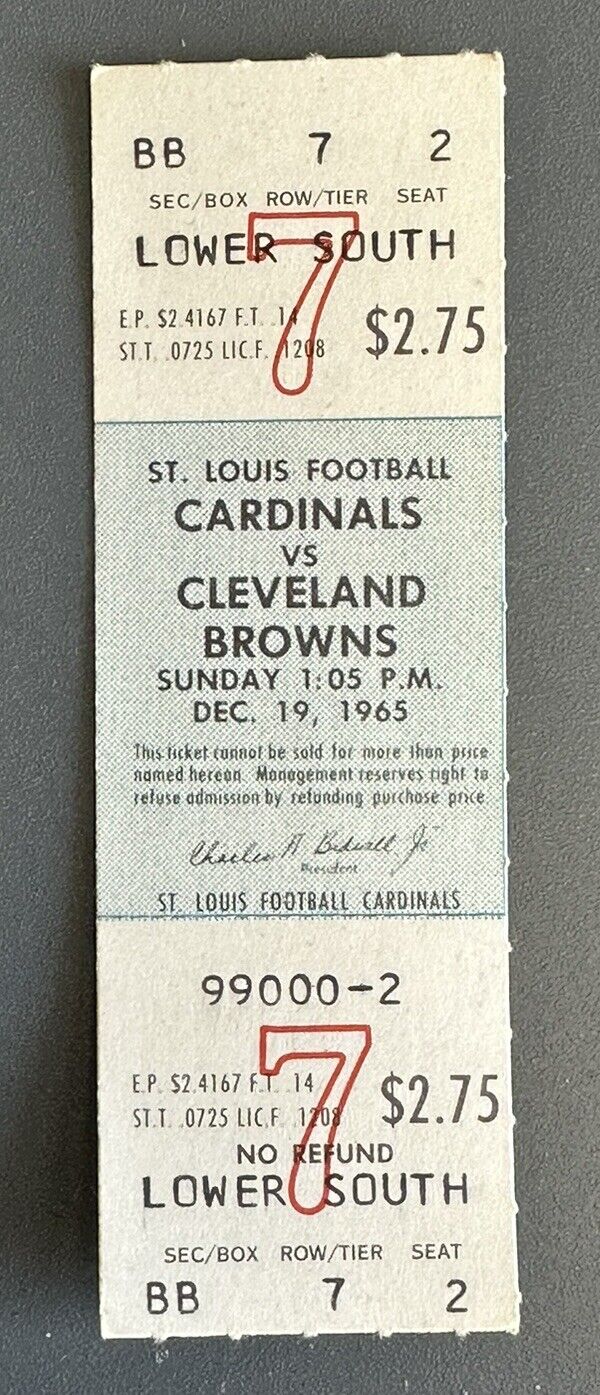 Dec 19 1965 SL Cardinals NFL FULL Ticket vs Cleveland Browns Jim Brown Last Game