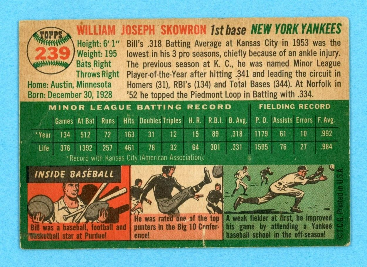 1954 Topps #239 Bill Skowron New York Yankees Rookie Baseball Card Low Grade