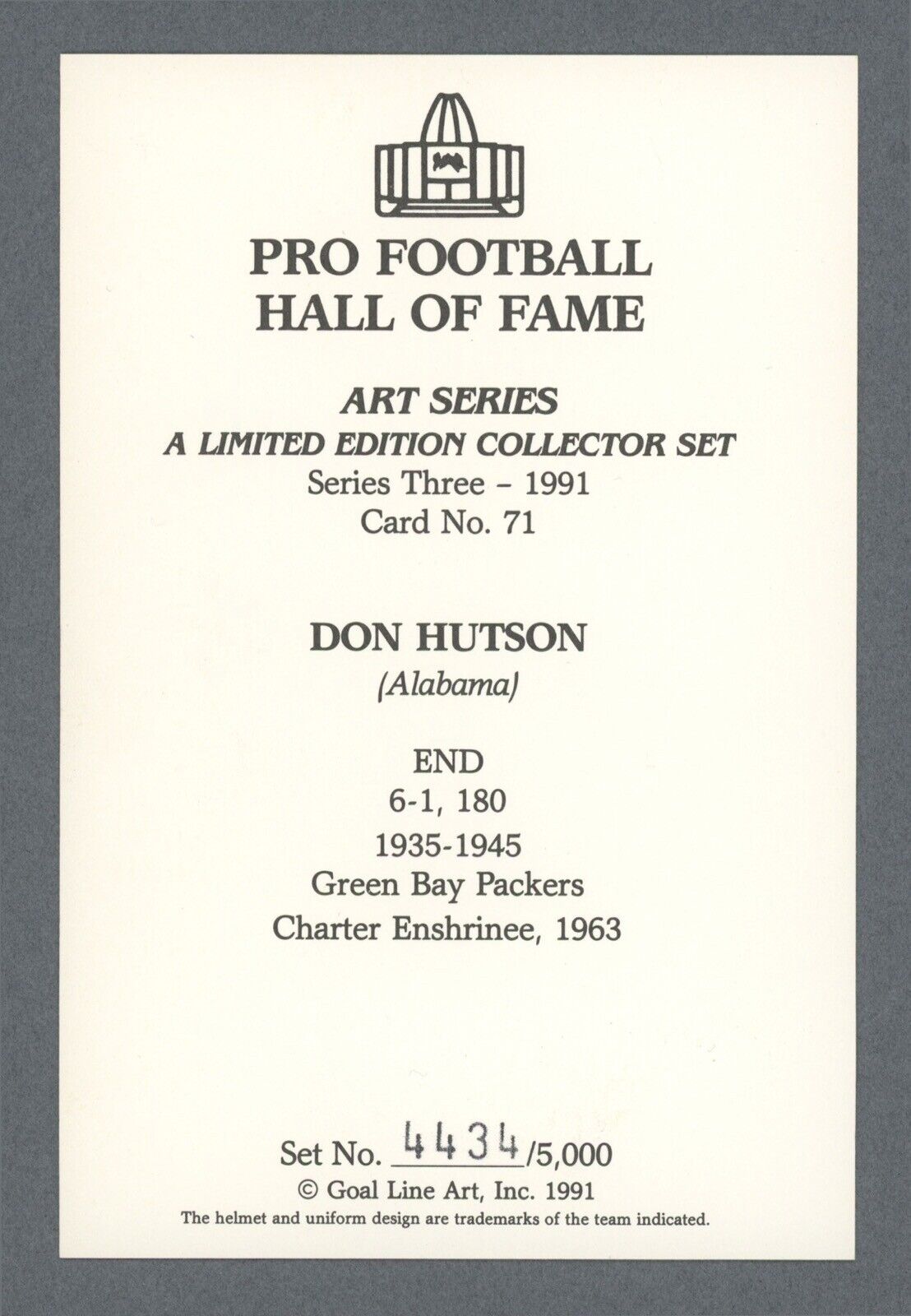 Don Hutson Green Bay Packers Signed HOF Art Card • B&E Holo