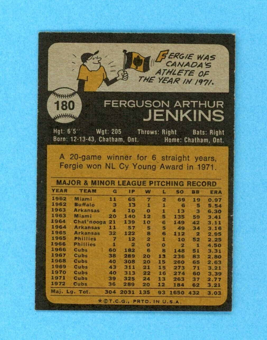 1973 Topps #180 Fergie Jenkins Chicago Cubs Baseball Card Ex/Mt - NM