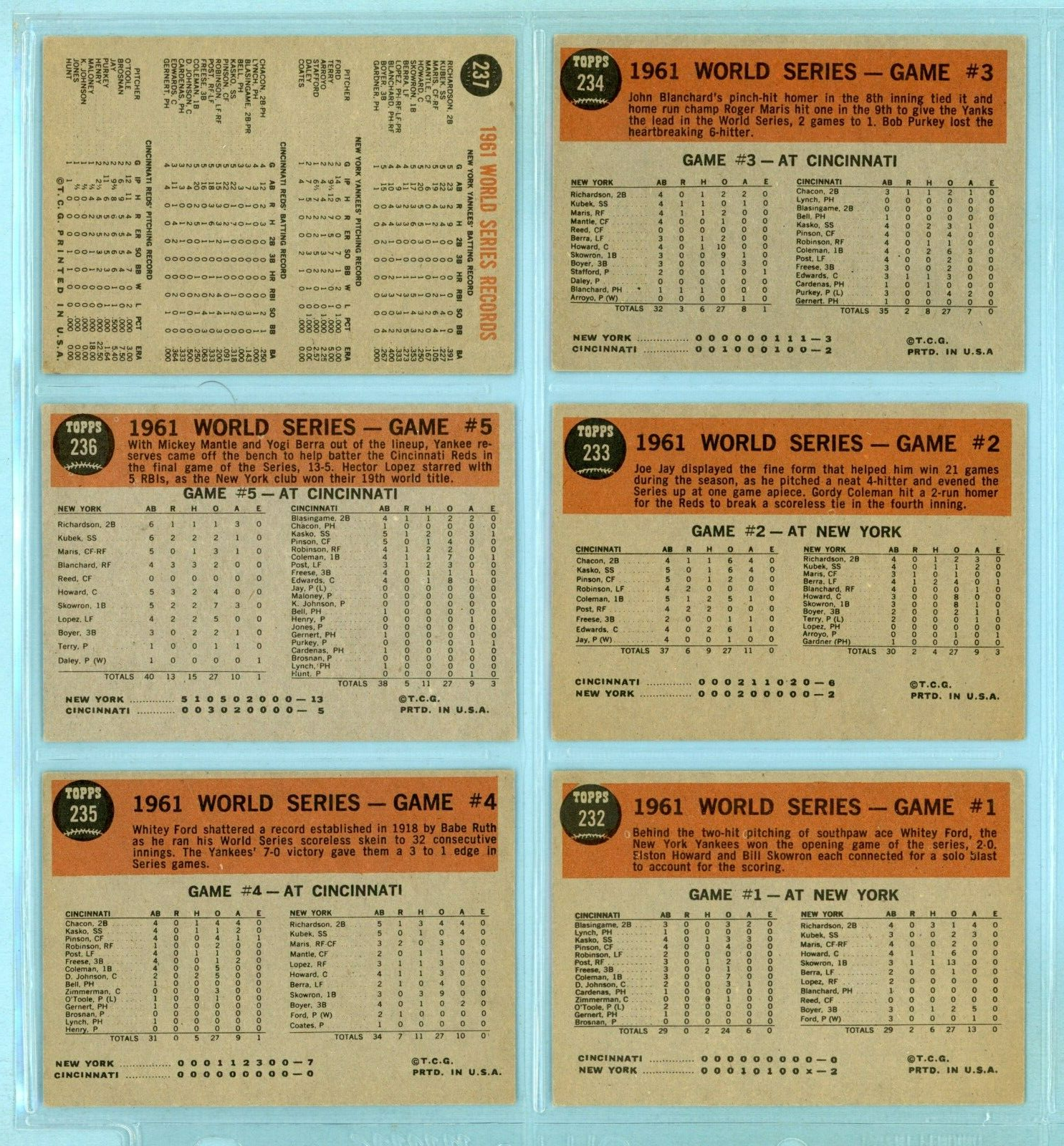 1962 Topps Set of 6 1961 World Series Special Baseball Cards EX