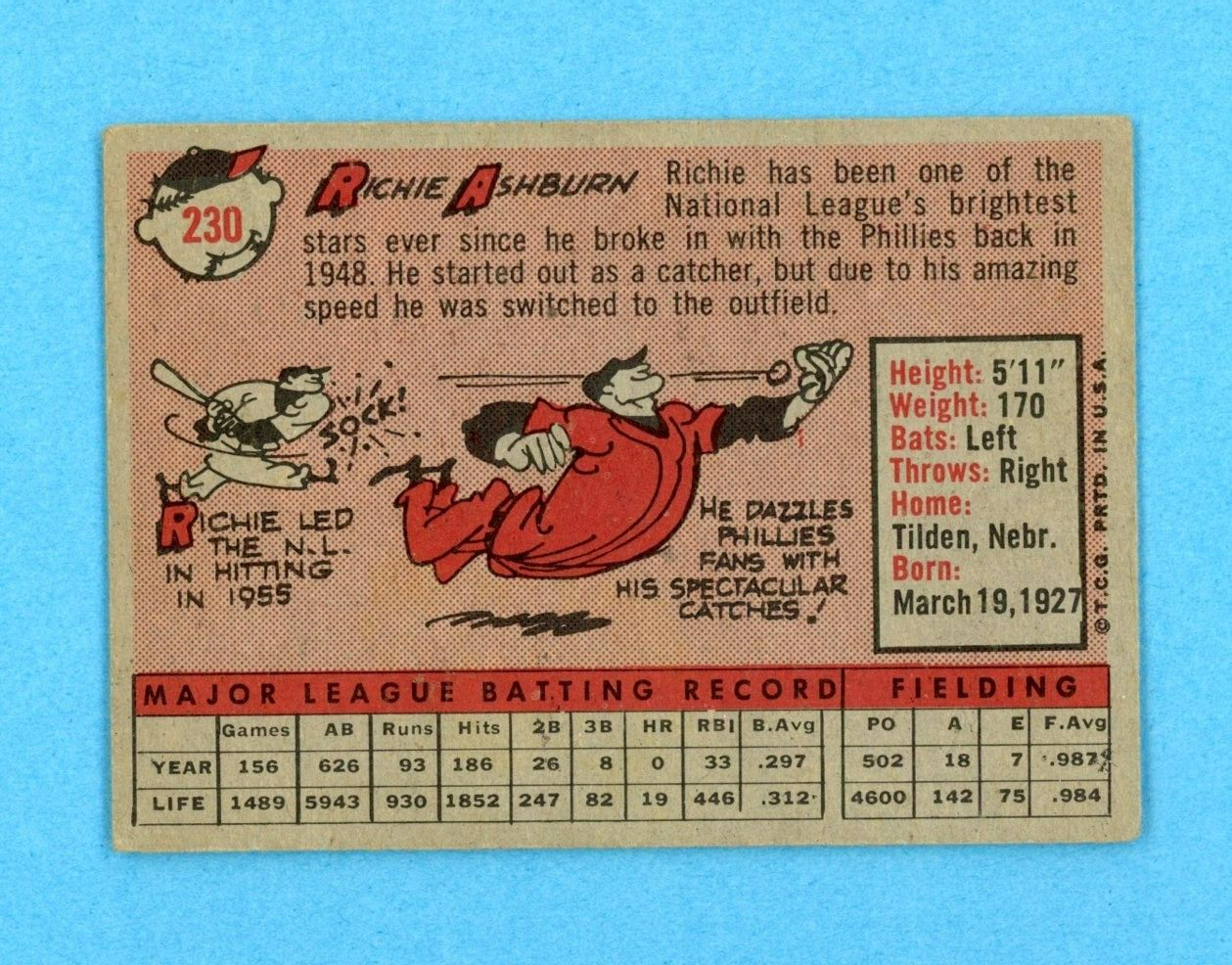 1958 Topps #230 Richie Ashburn Philadelphia Phillies Baseball Card Vg/Ex lwab