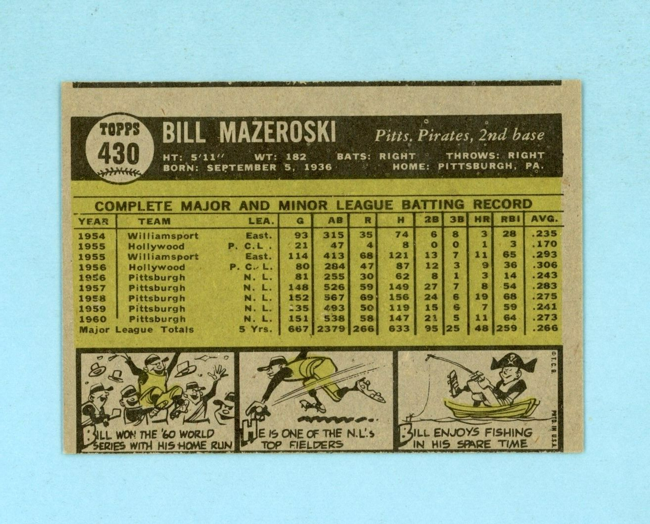 1961 Topps #430 Bill Mazeroski Pittsburgh Pirates Baseball Card Ex/Mt o/c