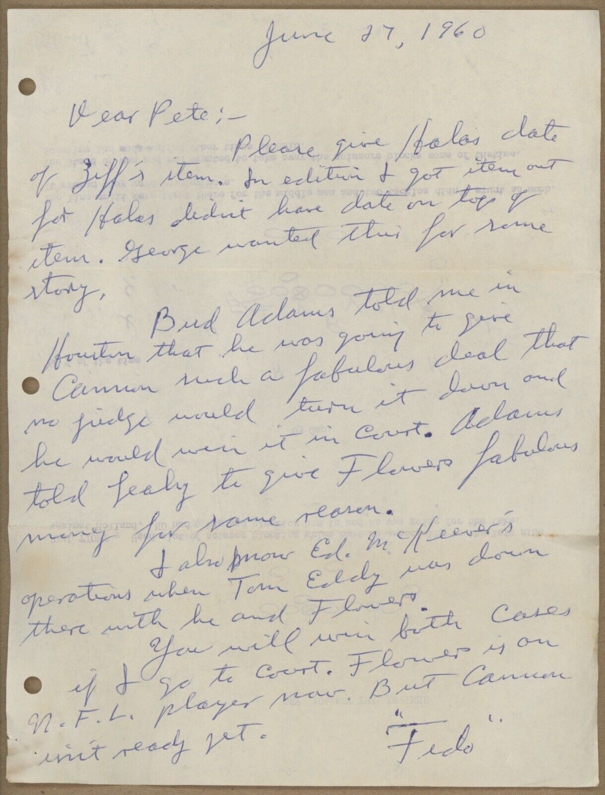 1960 Letter to "Pete" (Rozelle?) • Billy Cannon Contract Content +mentions Halas