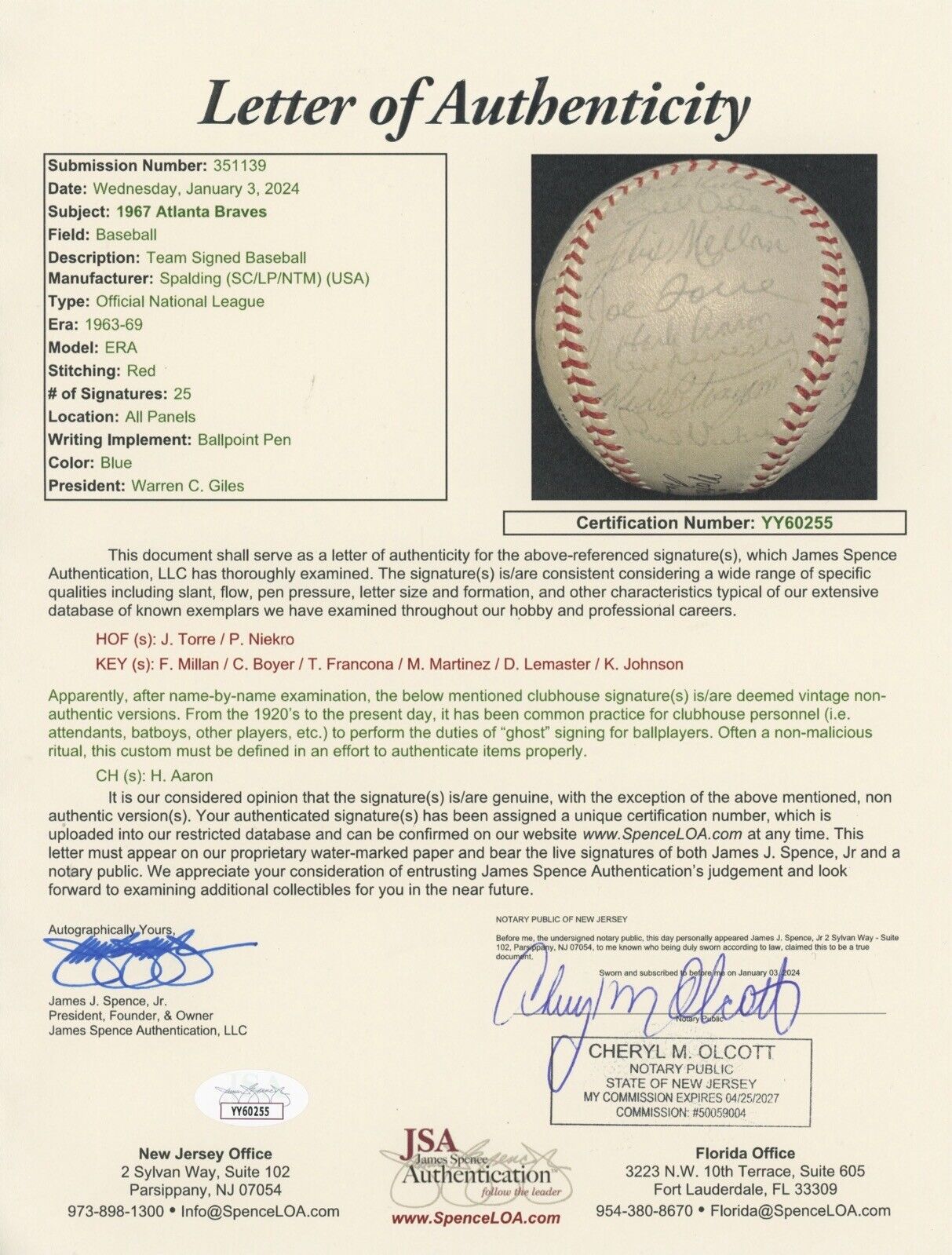 1967 Atlanta Braves Team Signed Baseball • Torre & P Niekro, etc with JSA LOA