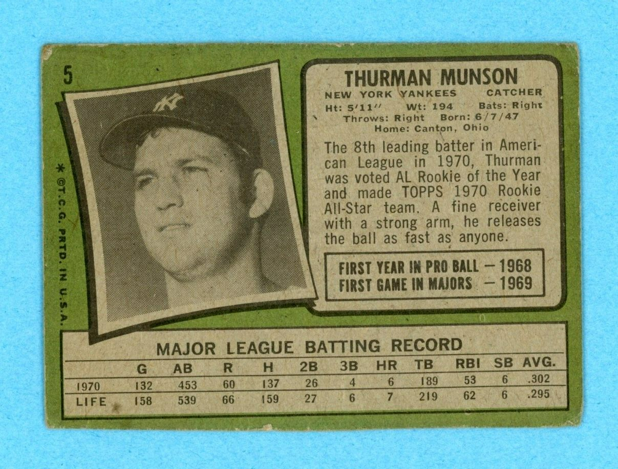 1971 Topps #5 Thurman Munson New York Yankees Baseball Card Low Grade