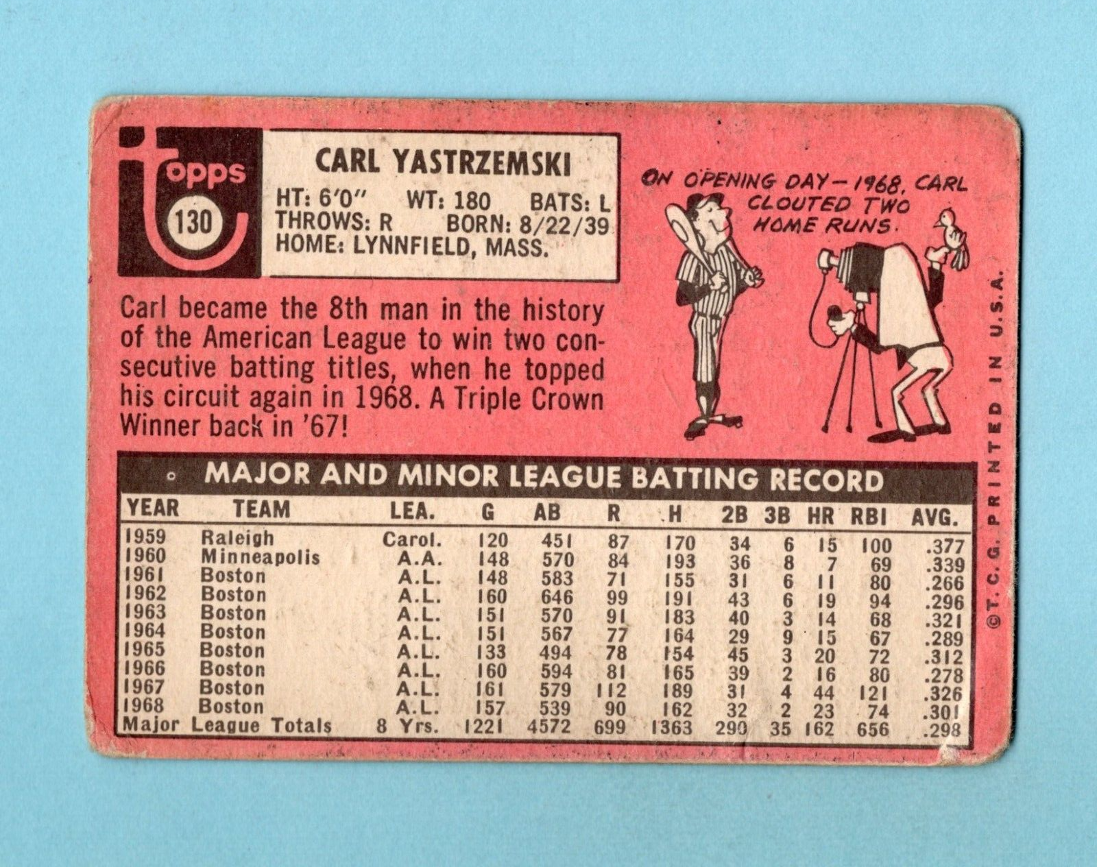 1969 Topps #130 Carl Yastrzemski Boston Red Sox Baseball Card Low Grade