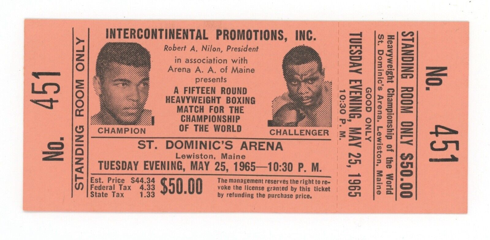 Muhammad Ali vs. Sonny Liston Full Ticket May 25, 1965 No. 451