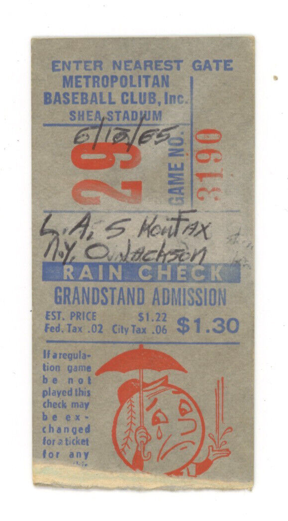 6/12/65 • Sandy Koufax Shutout Win • L.A. Dodgers vs N.Y. Mets  Ticket Stub