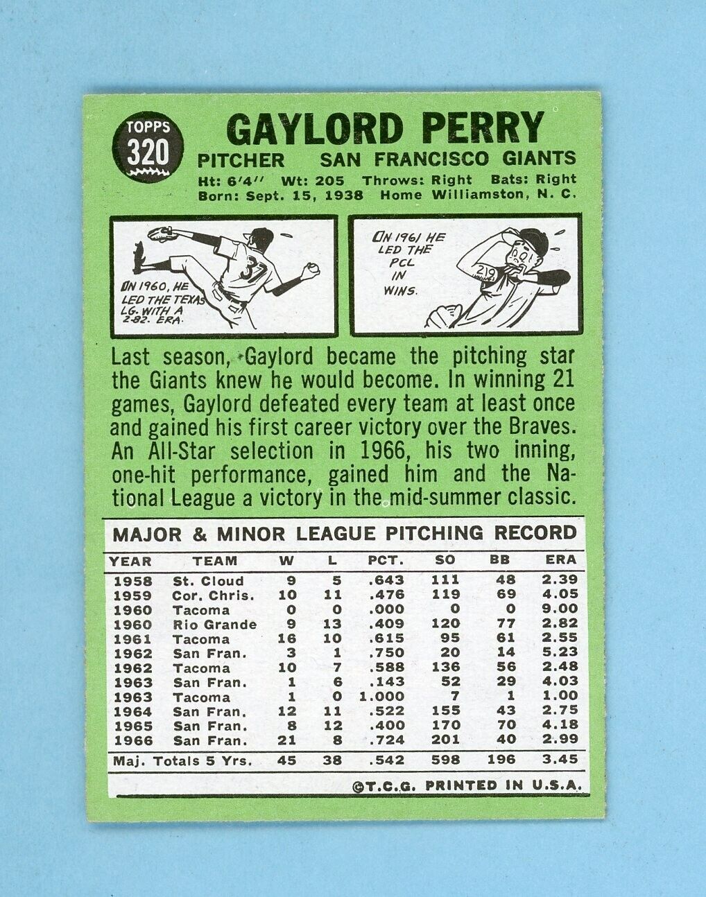 1967 Topps #320 Gaylord Perry San Francisco Giants Baseball Card Ex/Mt