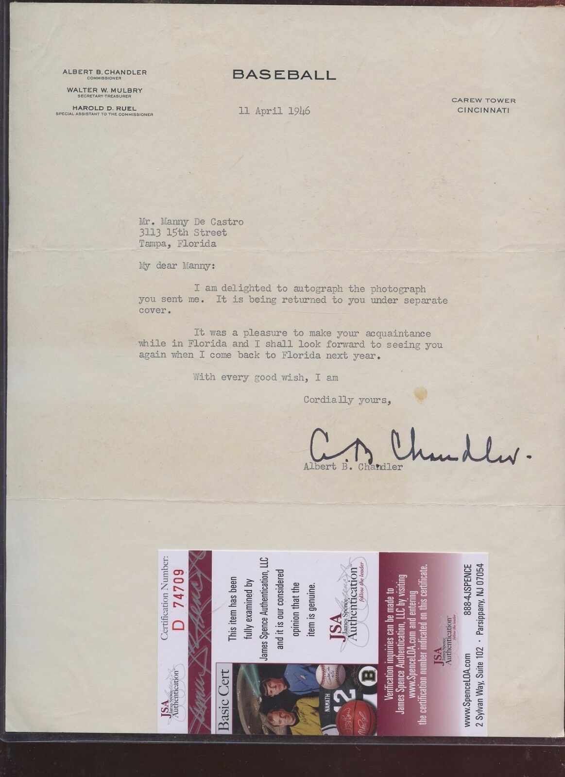 1946 Albert A.B. Chandler MLB HOFer SIGNED Baseball Letter w/ JSA COA