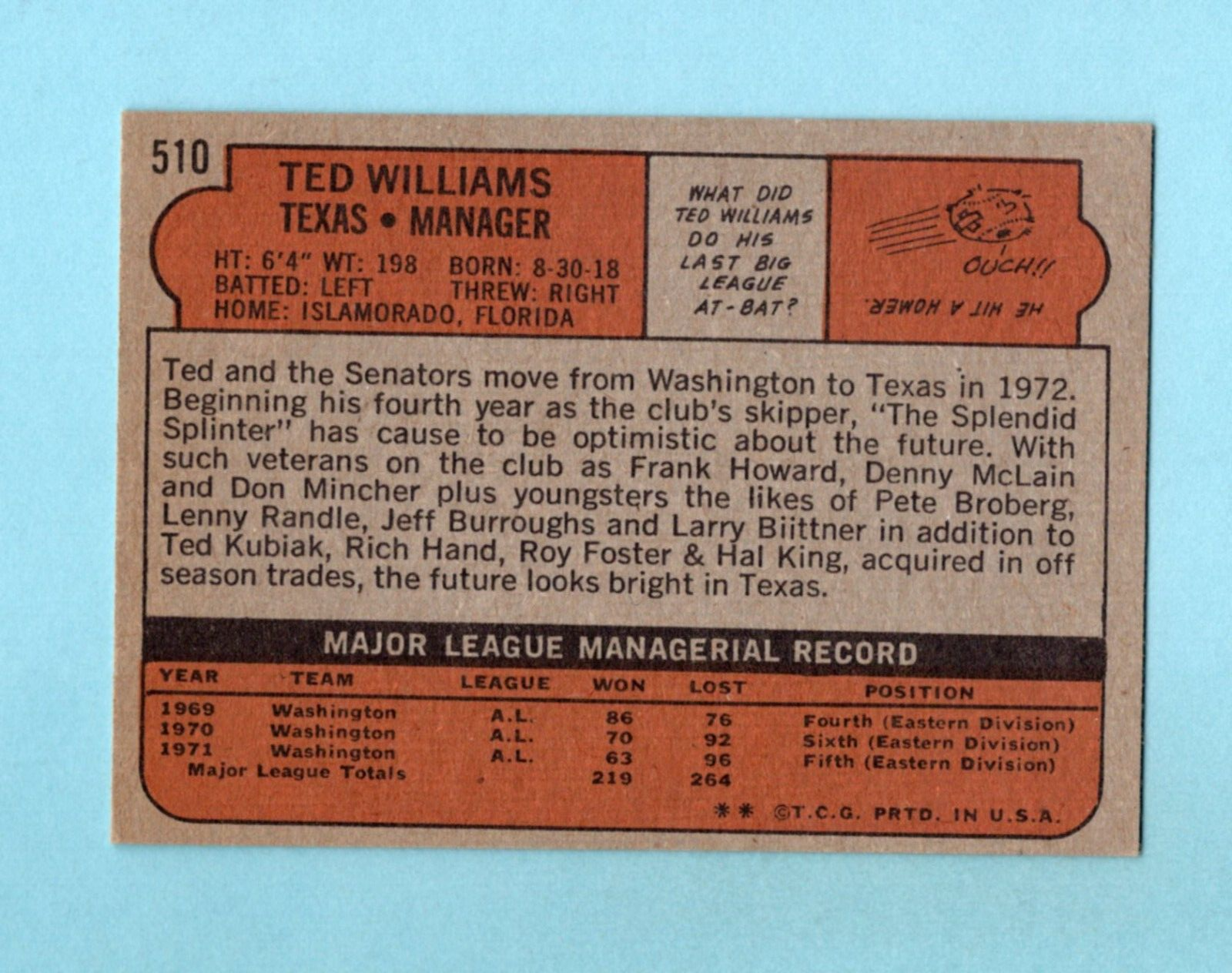 1972 Topps #510 Ted Williams Texas Rangers Baseball Card Ex/Mt prt mk