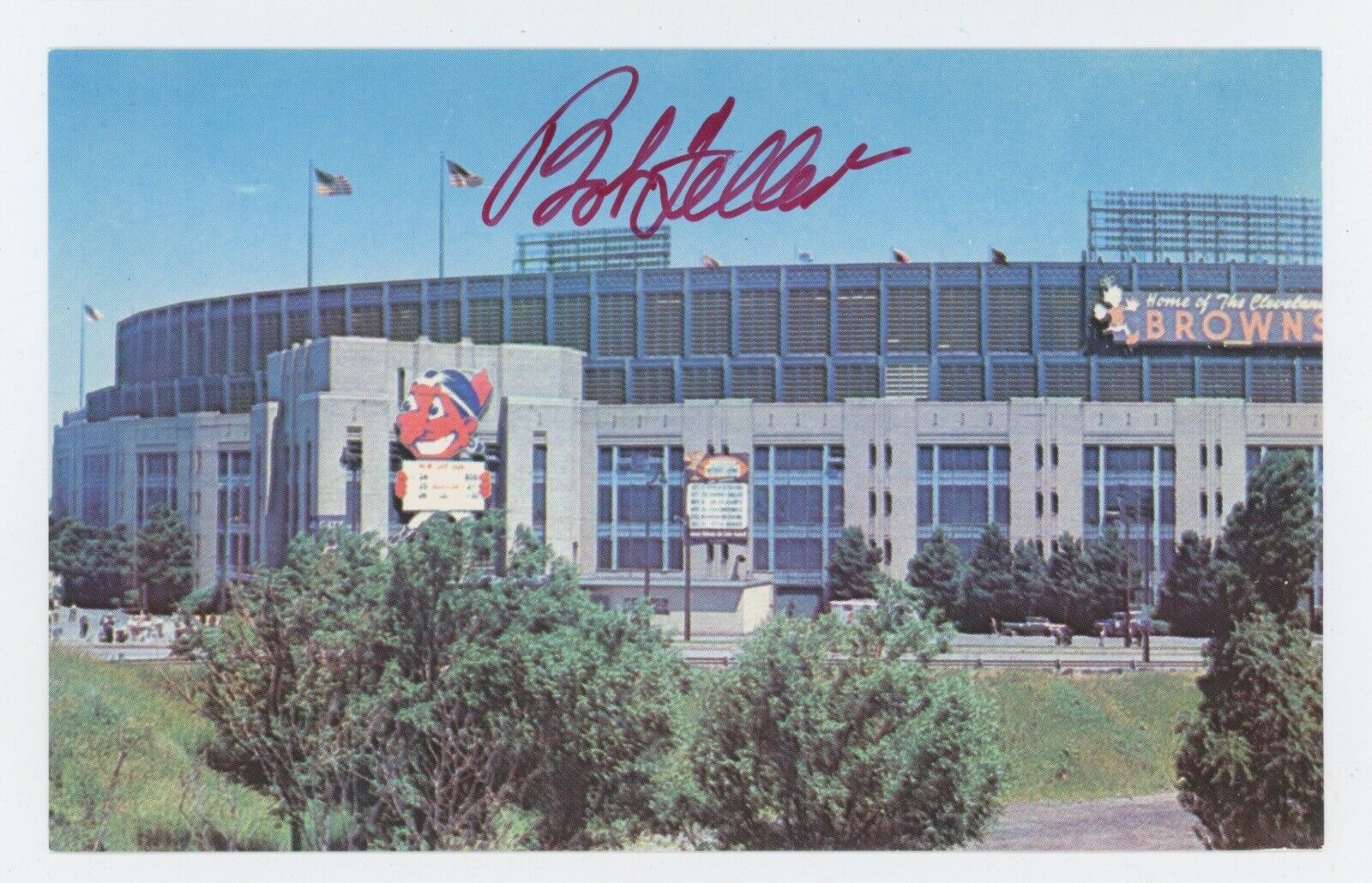 Bob Feller Signed Municipal Stadium Postcard with B&E Hologram