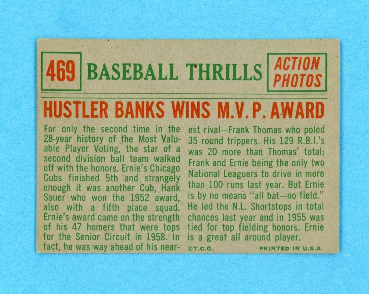 1959 Topps #469 Baseball Thrills Ernie Banks Chicago Cubs Baseball Card EX