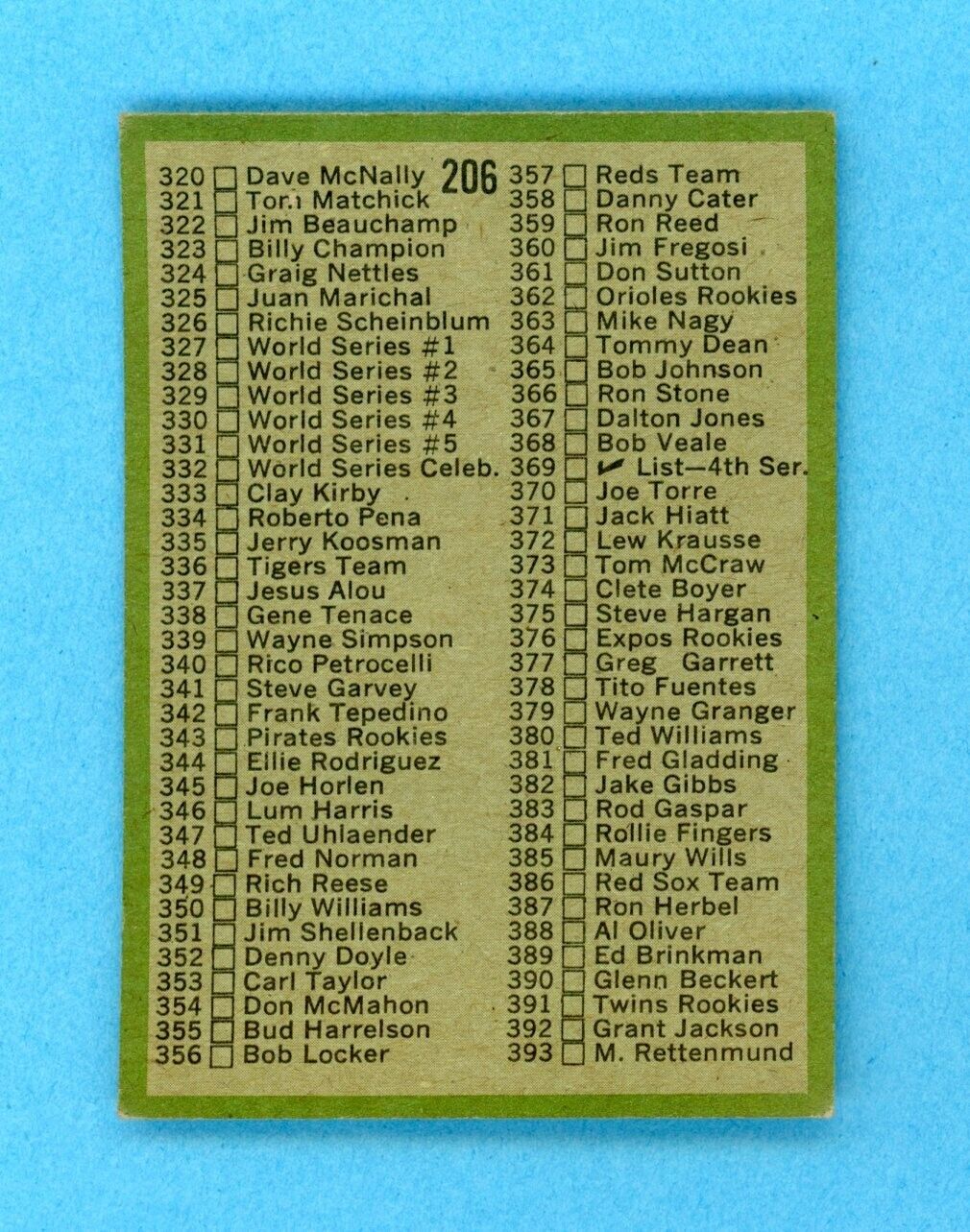 1971 Topps #206 3rd Series Checklist Baseball Card EX - EX+ unchecked