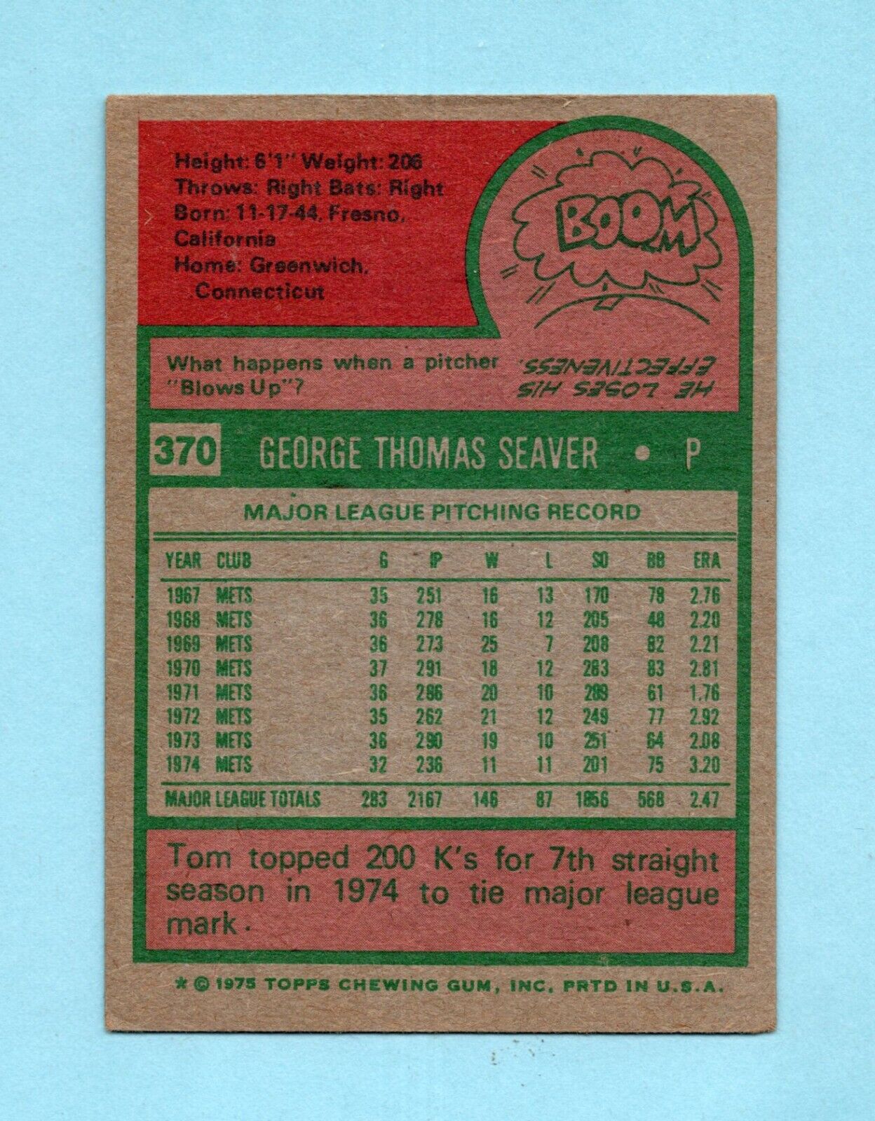 1975 Topps #370 Tom Seaver New York Mets Baseball Card Vg/Ex