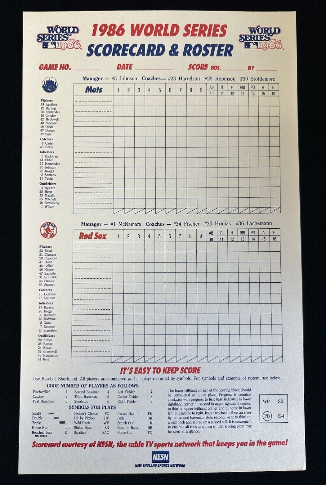 1986 World Series Scorecard & Roster - Unscored - Mets @ Red Sox - Fenway Park