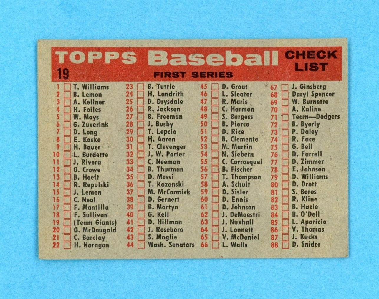 1958 Topps #19 1957 Giants Team Baseball Card EX+ - Ex/Mt