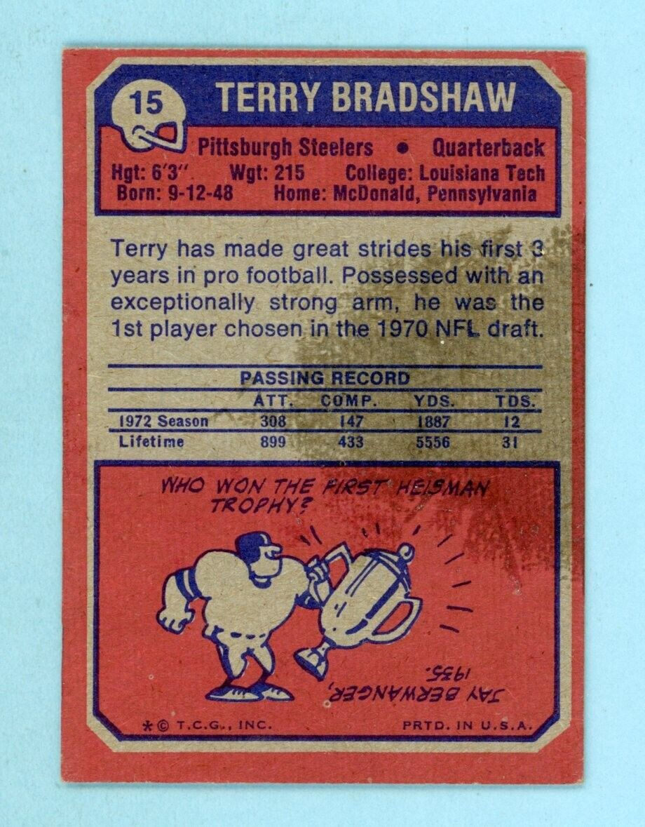 1973 Topps #15 Terry Bradshaw Pittsburgh Steelers Football Card EX++ - Ex/Mt