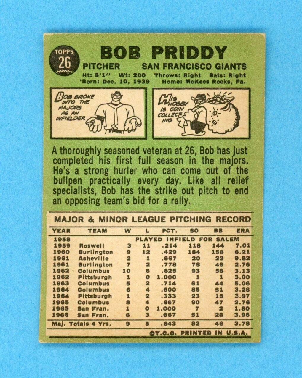 1967 Topps #26 Bob Priddy San Fran Giants Baseball Card EX-EX+ no trade vari