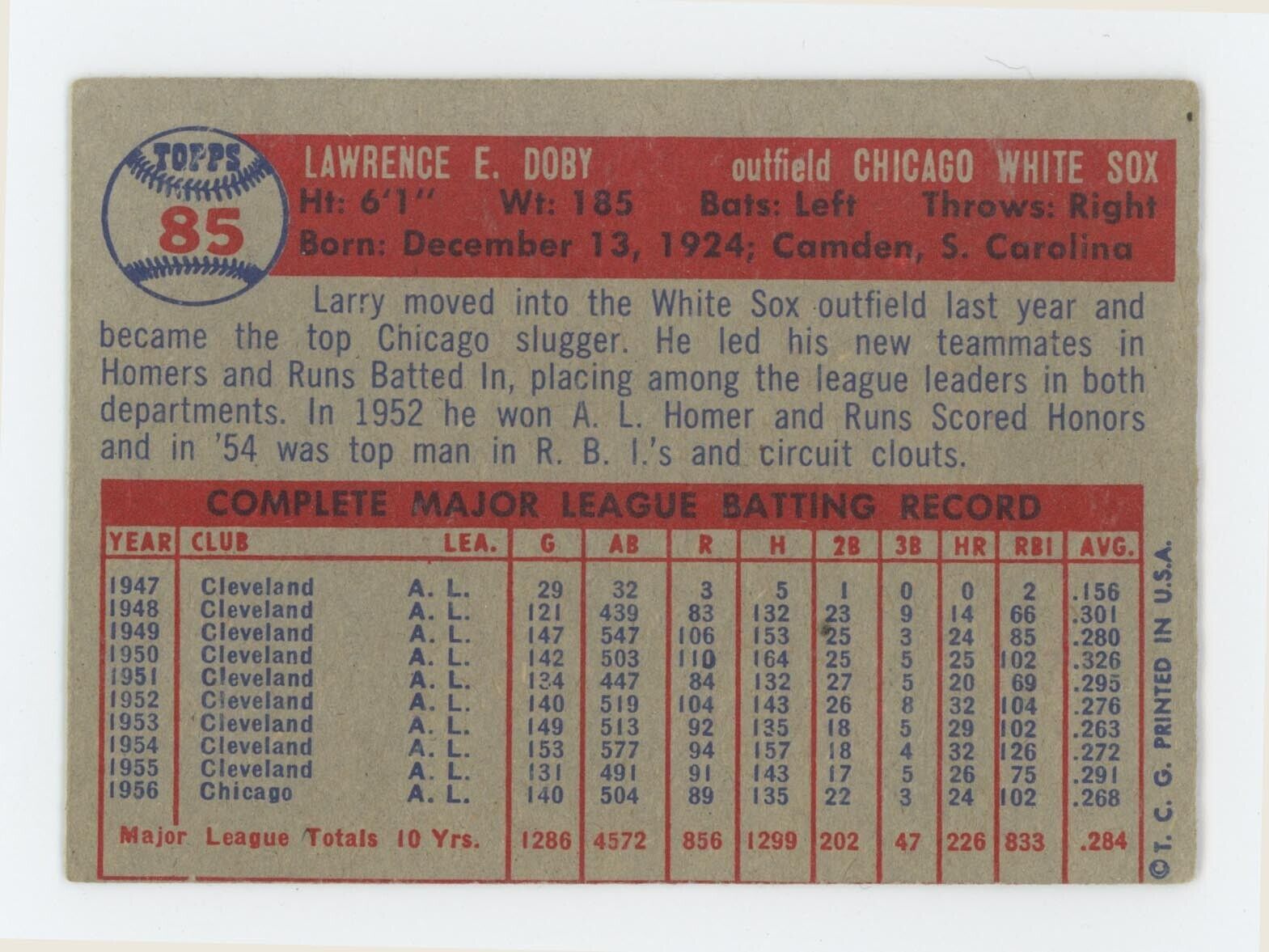 1957 Topps #85 Larry Doby Chicago White Sox Baseball Card EX app wrks