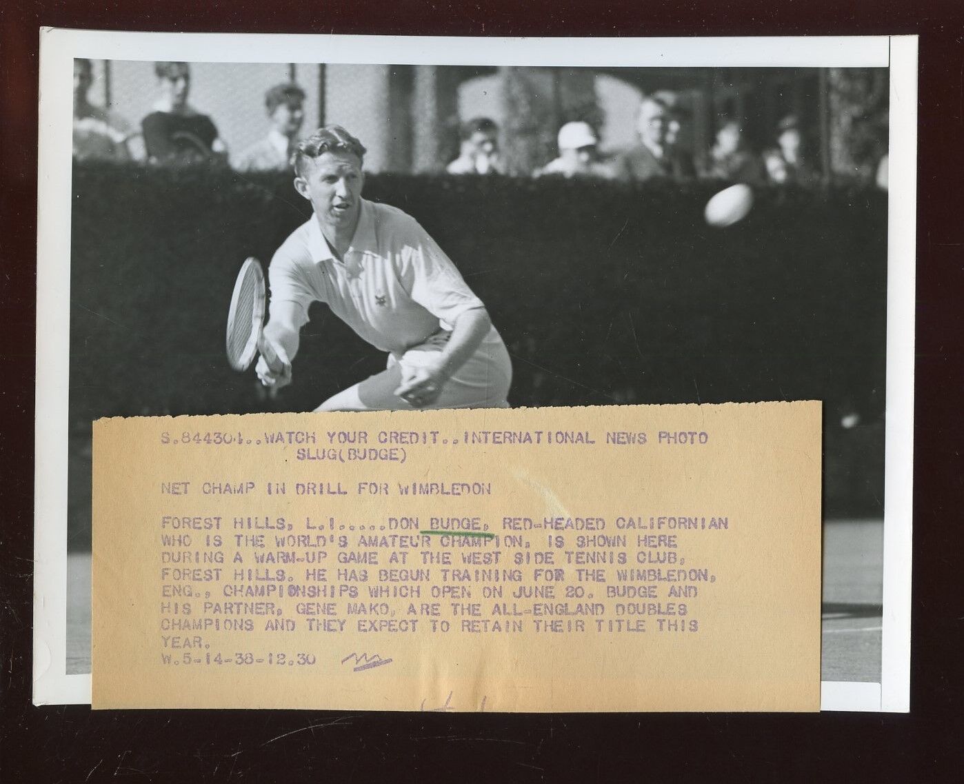 Original May 14 1938 Don Budge Tennis 6 1/2 X 8 1/2 Wire Photo