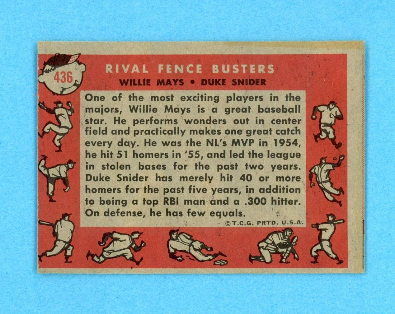 1958 Topps #436 Rival Fence Busters Mays - Snider Baseball Card NM o/c