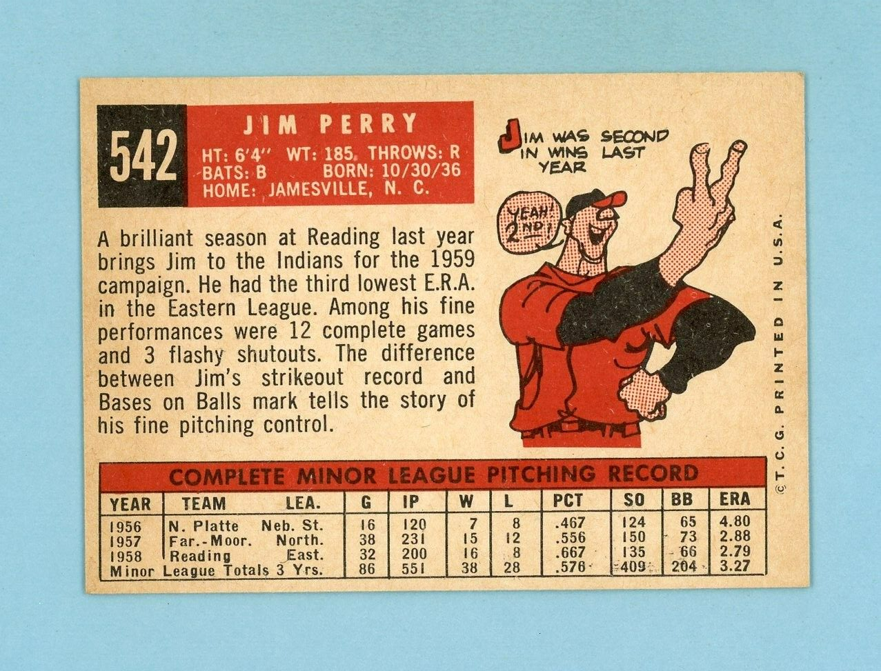 1959 Topps #542 Jim Perry Cleveland Indians Rookie Baseball Card NM o/c