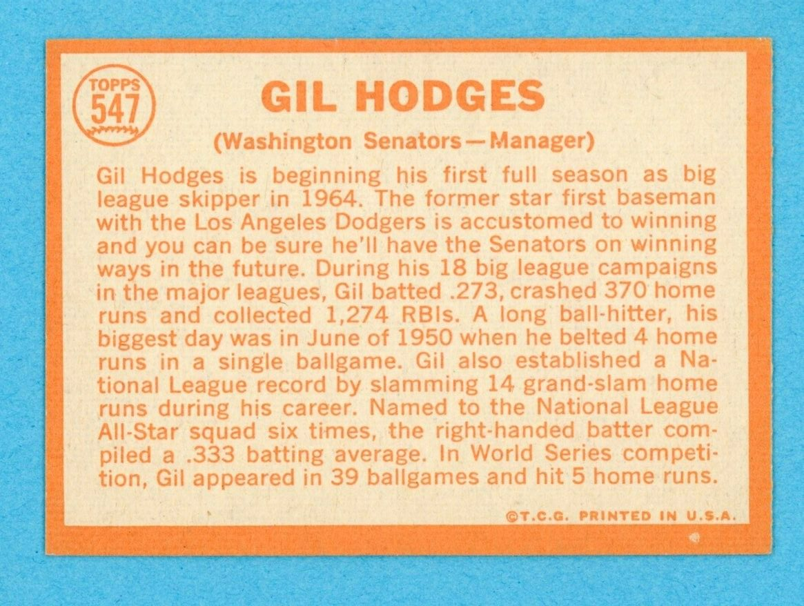 1964 Topps #547 Gil Hodges Wash Senators High Number Baseball Card E-E+ ap slwls