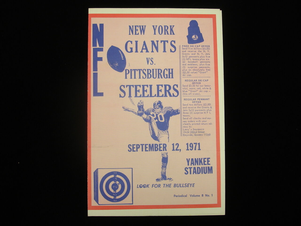 September 12, 1971 Pittsburgh Steelers @ New York Giants Roster Insert