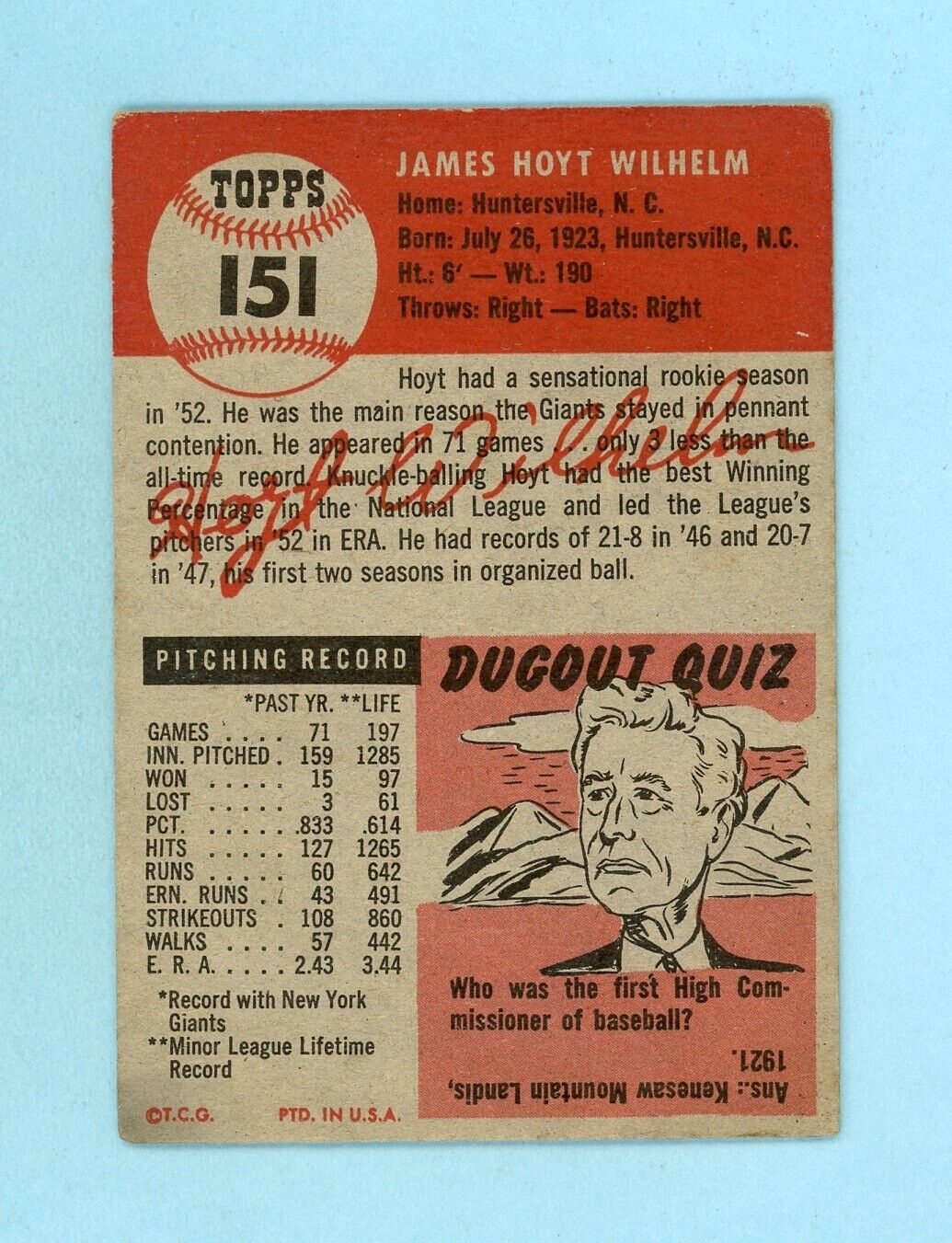 1953 Topps #151 Hoyt Wilhelm New York Giants Baseball Card EX