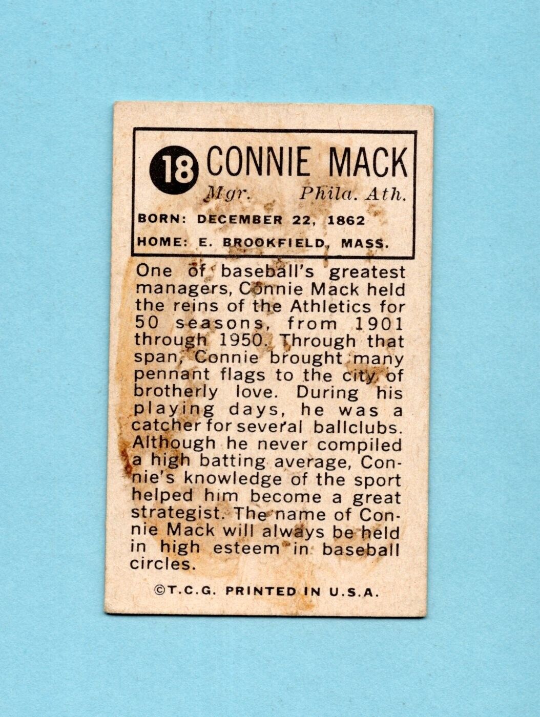 1963 Bazooka All-Time Greats #18 Connie Mack Phila A's Baseball Card EX str