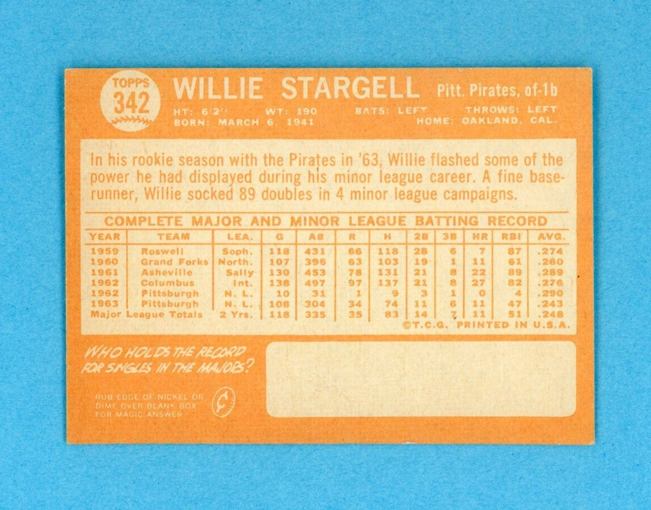 1964 Topps #342 Willie Stargell Pittsburgh Pirates Baseball Card EX+-Ex/Mt o/c