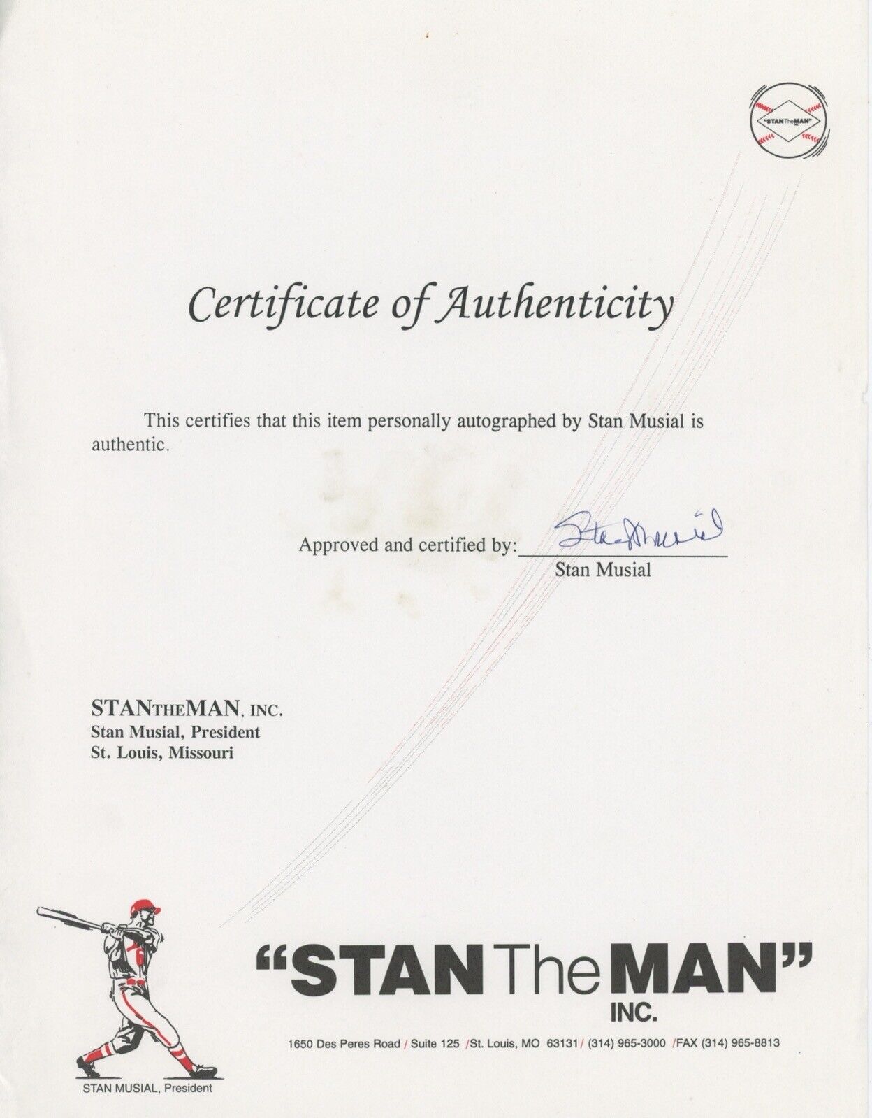 Stan Musial Lot of 3 Signed "Stan the Man" Letters of Authenticity • Auto