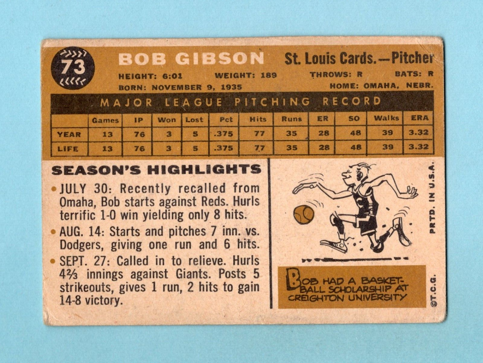 1960 Topps #73 Bob Gibson St. Louis Cardinals Baseball Card VG cres tlc